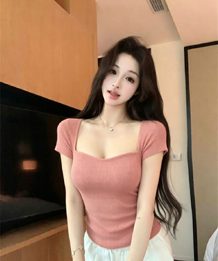 실사 여름 반팔 여성 티셔츠 광장 칼라 몸매 가꾸기 다용도 쇼트 스타일 맨위
