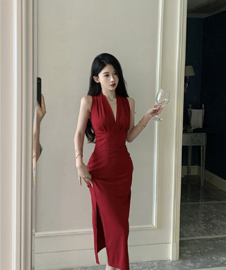 실사 가스 질감 깊은 V 넥 주름 민소매 드레스 그는 벤 바람 고급 센스 허리 수축 슬림해 보이는 트임 롱 스커트