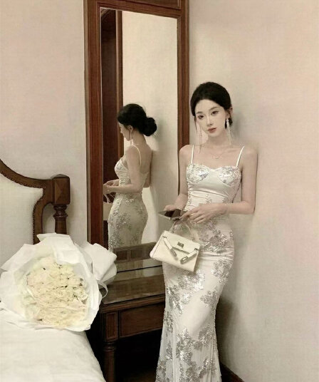 실사 프랑스식 고급 센스 무거운 작업 꽃무늬 예복 치마 망사 롱 스커트 타이트 스커트 몸매 가꾸기 슬립 여성 드레스