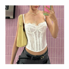 批发早春美式辣妹风蕾丝花边鱼骨束腰上衣<b class='q'>街头</b>性感镂空拼接吊带背心
