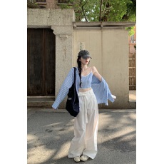 批发实拍 美式复古<b class='q'>条纹</b>衬衫夏季设计感辣妹显瘦休闲阔腿裤