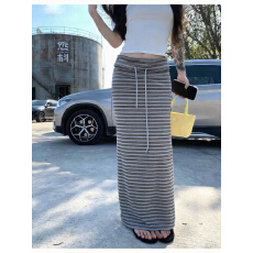 批发实拍 懒人裙翻边<b class='q'>条纹</b>半裙抽绳休闲直筒裙