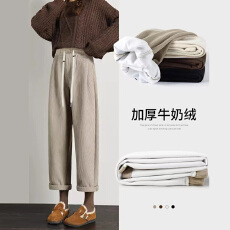 批发孕妇现货加绒灯芯绒高腰抽绳宽松阔腿裤女秋冬季窄版直筒休闲裤子
