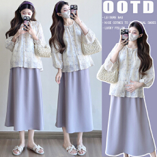 批发现~实拍孕妇三件套春季新款法式温柔长袖衬衣宽松上衣紫色半身裙