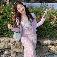 批发孕妇大码绝美小套装<b class='q'>女</b>2026春夏穿搭韩系紫色吊带<b class='q'>连衣裙</b>两件套长袖