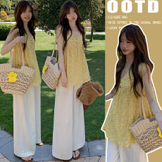 批发孕妇大码新款两件套轻薄天丝V领抽绳无袖<b class='q'>衬衫</b>碎花A摆娃娃衫阔腿裤