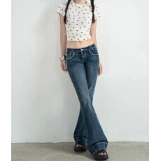 批发美式牛仔<b class='q'>裤</b>女2025新款复古水洗蓝拖地辣妹弹力超低腰微喇<b class='q'>裤</b>子