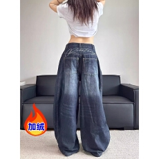 批发加绒美式复古弯刀牛仔裤女<b class='q'>春</b>秋2025小众设计感宽松阔腿裤拖地长裤