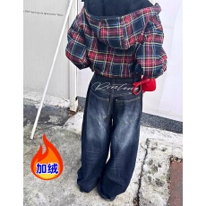 批发加绒美式复古弯刀牛仔裤女<b class='q'>春</b>秋2025小众设计感宽松阔腿裤拖地长裤