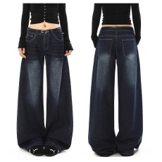 批发美式复古低腰直筒牛仔裤女秋冬新款休闲百搭宽松垂感阔腿拖地裤子