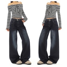 批发美式复古低腰直筒牛仔裤女秋冬新款休闲百搭宽松垂感阔腿拖地裤子