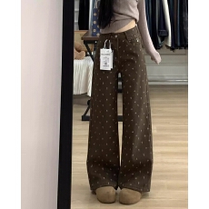 批发美拉德棕咖色碎花阔腿牛仔裤女春秋新款美式高腰显瘦百搭直筒<b class='q'>裤子</b>