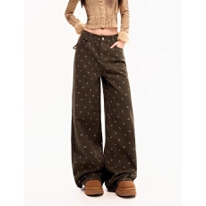 批发美拉德棕咖色碎花阔腿牛仔裤女春秋新款美式高腰显瘦百搭直筒<b class='q'>裤子</b>