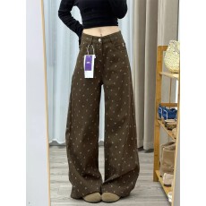 批发美拉德棕咖色碎花阔腿牛仔裤女春秋新款美式高腰显瘦百搭直筒<b class='q'>裤子</b>