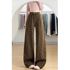 批发美拉德棕咖色碎花阔腿牛仔裤女春秋新款美式高腰显瘦百搭直筒<b class='q'>裤子</b>