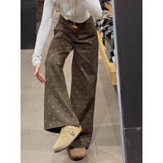 批发美拉德棕咖色碎花阔腿牛仔裤女春秋新款美式高腰显瘦百搭直筒<b class='q'>裤子</b>