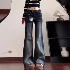 批发美式复古低腰<b class='q'>微喇</b><b class='q'>牛仔裤</b>女新款修身显瘦弹力超火爆款