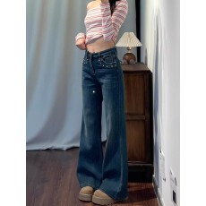 批发满天星烫钻<b class='q'>钉珠</b>微喇<b class='q'>牛仔裤</b>女春季2026新款高腰宽松不贴腿喇叭裤子