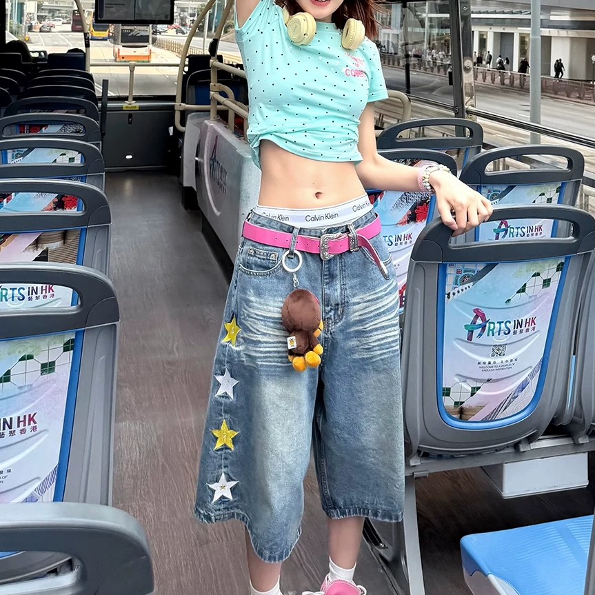 아메리칸 별 자수 워싱 데님 7부 바지 남자 2026 여름 새로운 커플 바지 반바지 여성