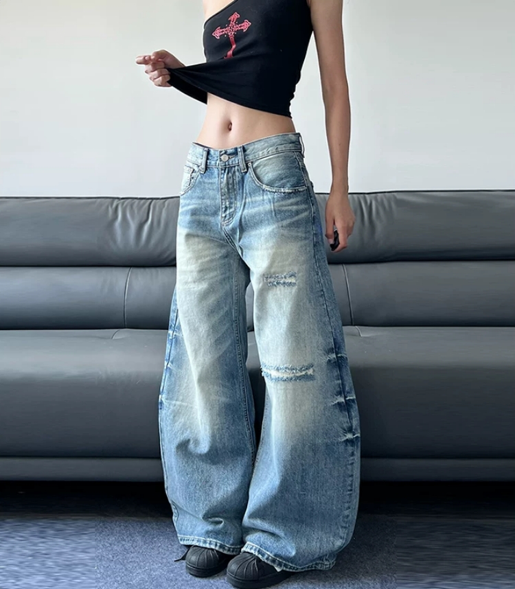 아메리칸 레트로 워싱 패치 찢어진 청바지 남녀 조수 브랜드 악당 잘 생긴 바지 커플 바닥 청소 바지