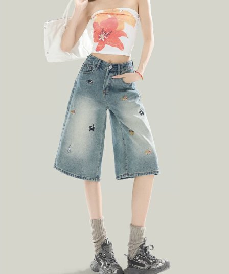 새로운 강아지 자수 넓은 다리 청바지 여성 아메리칸 하늘색 하이웨이스트 좁은 에디션 스트레이트 바지