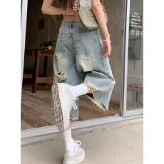 批发美式破洞毛边七分牛仔裤女春季阔腿设计感八分中裤直筒梧桐短<b class='q'>裤子</b>