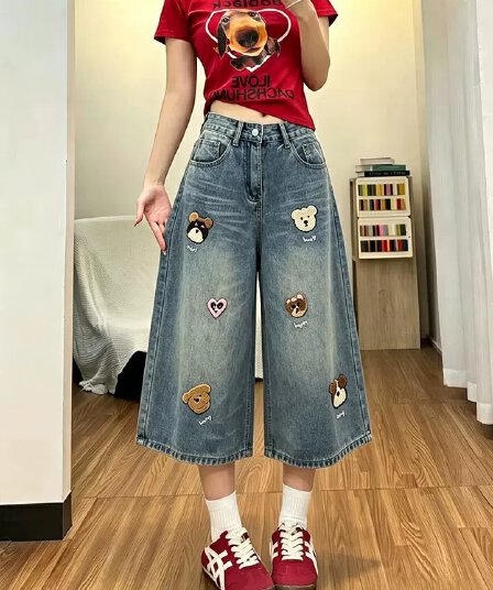 아메리칸 레트로 디자인 센스 어린애 같은 만화 자수 청바지 여성 여름과 가을 잘 생긴 패션 연령 감소 와이드 레그 팬츠 어린이