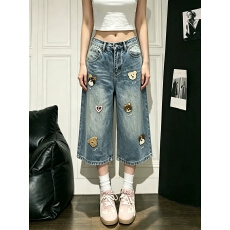 批发美式复古设计感童趣卡通刺绣<b class='q'>牛仔</b>裤女夏秋季好看时尚减龄阔腿裤子