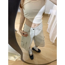 批发浅杏色休闲工装牛仔<b class='q'>七分裤</b><b class='q'>女</b>夏季新款高腰显瘦百度设计感牛仔短裤