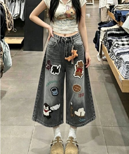 아메리칸 레트로 만화 수건 자수 모통이 칼 7 점 청바지 여성 조수 브랜드 루즈핏 다용도 넓은 다리 스트레이트 반바지