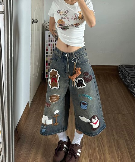 아메리칸 레트로 만화 수건 자수 모통이 칼 7 점 청바지 여성 조수 브랜드 루즈핏 다용도 넓은 다리 스트레이트 반바지