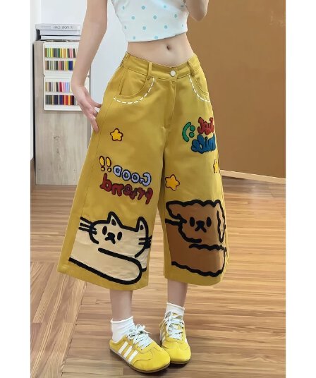 아메리칸 레트로 만화 자수 7부 바지 여성 여름 새로운 재미있는 달콤함 개성 Chic 스트레이트 넓은 다리가 짧다. 바지