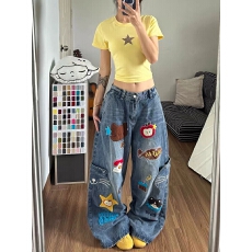 批发童趣小猫刺绣口袋<b class='q'>牛仔裤</b>女卡通风减龄美式宽松阔腿街头休闲长裤子