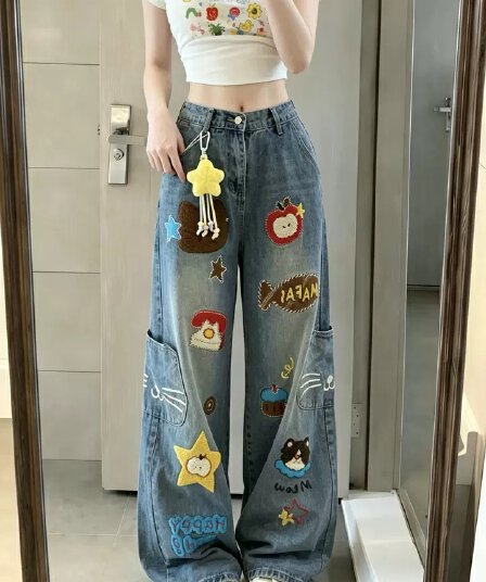 어린애 같은 새끼 고양이 자수 주머니 청바지 여성 만화 바람 연령 감소 아메리칸 루즈핏 넓은 다리 거리 캐주얼 롱 바지