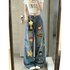 批发童趣小猫刺绣口袋<b class='q'>牛仔裤</b>女卡通风减龄美式宽松阔腿街头休闲长裤子