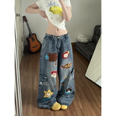 批发童趣小猫刺绣口袋<b class='q'>牛仔裤</b>女卡通风减龄美式宽松阔腿街头休闲长裤子