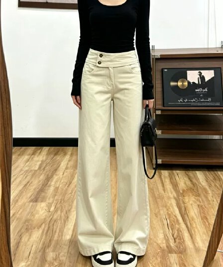 더블 버클 허리 머리 넓은 다리 캐주얼 바지 여성 2026 새로운 여름 얇은 스타일 루즈핏 슬림해 보이는 도루 센스 스트레이트 바닥 청소 바지