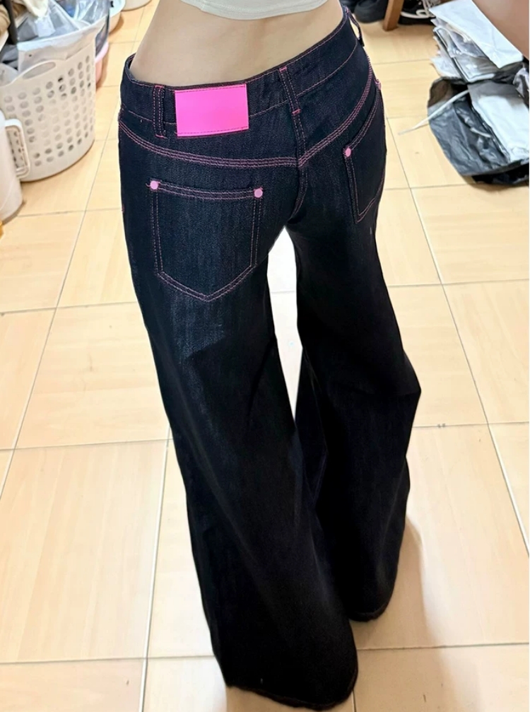 复古撞色阔腿牛仔裤女新款设计辣妹低腰宽松垂感百搭长裤  服裝批發女裝批發服飾貨源