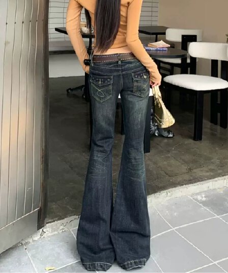 아메리칸 핫걸 자수 부츠컷 청바지 여성 가을 디자인 센스 로우 웨이스트 슬림해 보이는 나팔 바지
