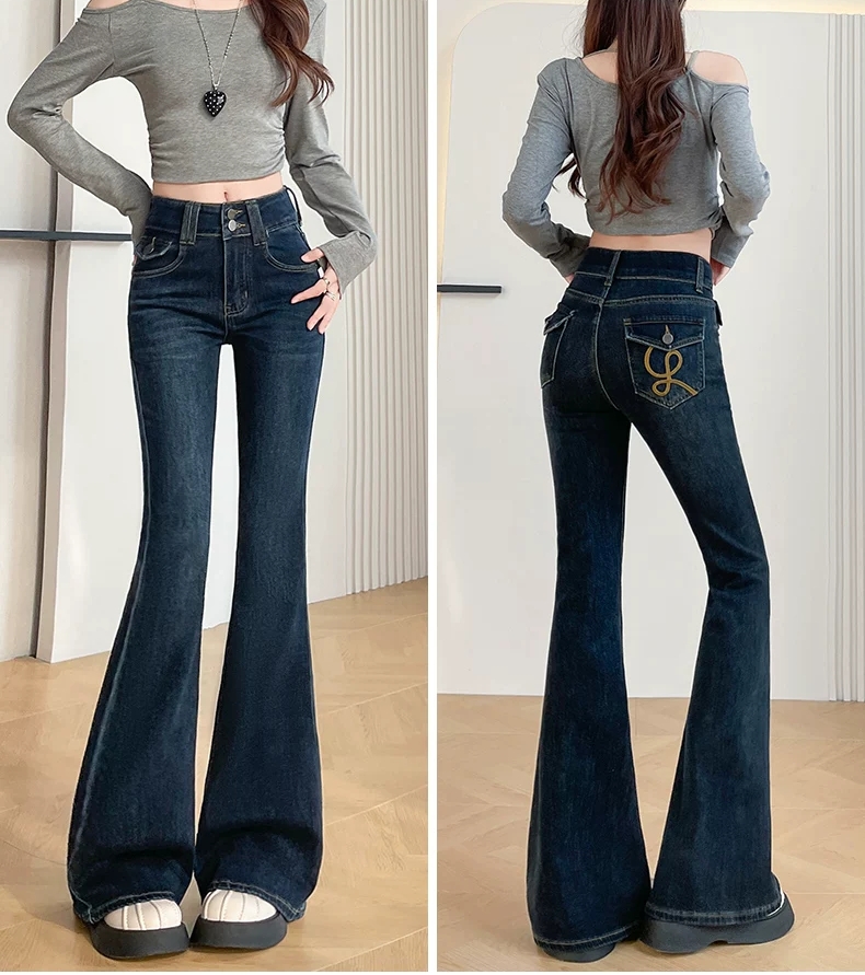 辣妹刺绣微喇牛仔裤女春秋季高腰显瘦紧身喇叭裤女  服裝批發女裝批發服飾貨源