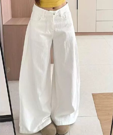 화이트 대나무 마디 곡물 대 넓은 다리 청바지 여성 2026 가을 새로운 루즈핏 슬림해 보이는 도루 센스 나팔 바닥 청소 바지