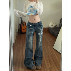 批发美式复古十字架破洞牛仔<b class='q'>裤</b>女夏季低腰高街设计感修身<b class='q'>显瘦</b>微喇叭<b class='q'>裤</b>