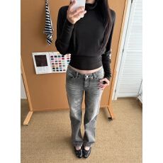 批发美式百搭辣妹设计感黑灰色<b class='q'>牛仔裤</b>子低腰水洗裤女秋冬修身显瘦长裤