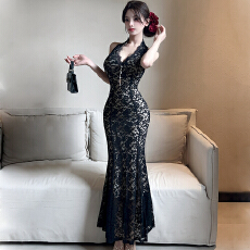 批发实拍法式度假风性感辣妹露背蕾丝挂脖连衣裙子女夏季新款<b class='q'>鱼尾</b>长裙