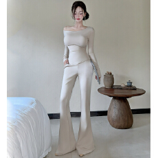 批发实拍韩系女新款褶皱收腰斜肩长袖不规则上衣修身喇叭长裤两件套装