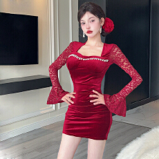 批发实拍 晚礼服女秋冬新款名媛性感镶钻蕾丝长袖拼接丝绒包臀<b class='q'>连衣裙</b>