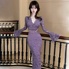 批发实拍 纯欲性感V领蕾丝拼接喇叭长袖包臀裙气质修身<b class='q'>连衣裙</b>送腰带