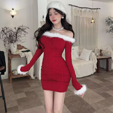 批发实拍纯欲风新年红战袍毛毛<b class='q'>一字肩</b>连衣裙女秋冬新款收腰包臀裙短裙