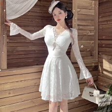 批发实拍法式纯欲性感镂空v领蕾丝长袖连衣<b class='q'>裙</b>女秋设计感收腰大摆<b class='q'>裙</b>子