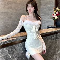 批发实拍辣妹纯欲一字肩毛毛拼接蕾丝内搭包臀裙短款显瘦长袖连衣裙女